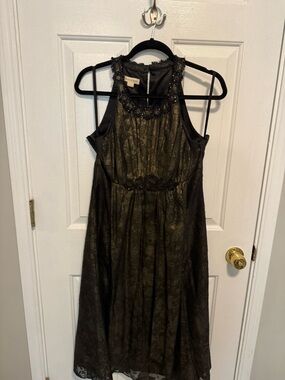 Monsoon Metallic Gold & Black Lace Halter Midi Dress